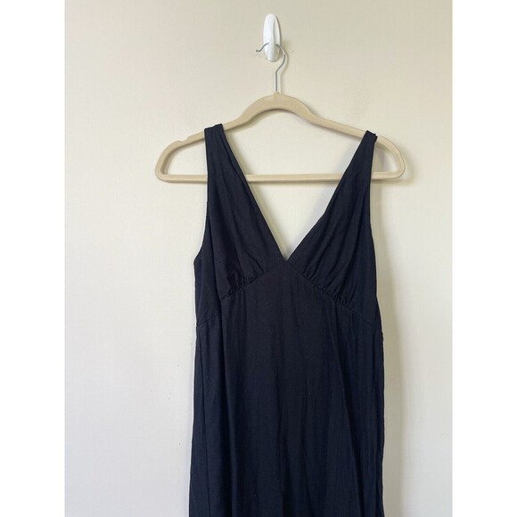 Old Navy Midi Dress Women Linen Blend Classic Black Smocked Back Shift Sz L New - Picture 2 of 10